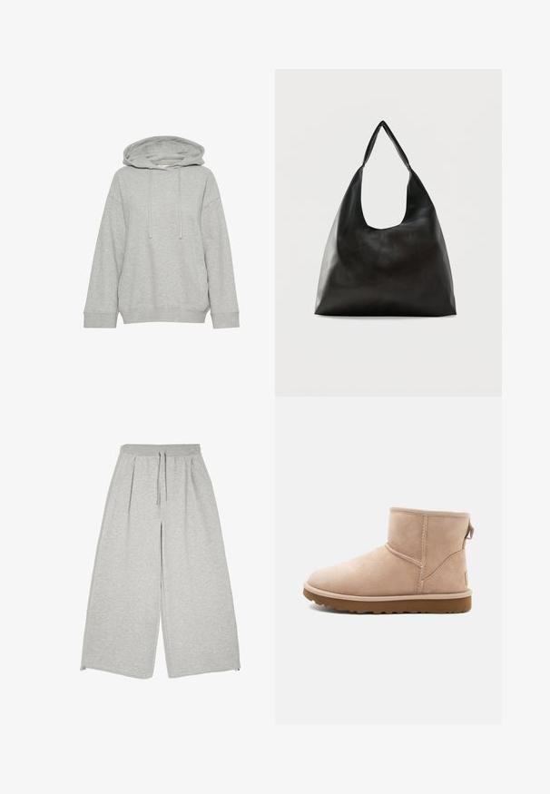 Graue Kapuzenjacke mit einem lockeren Schnitt, ausgestattet mit langen Ärmeln, Kordelzug und gerippten Bündchen. Hergestellt aus weichem, strukturiertem Stoff.; Hellgraue weit geschnittene Hose mit elastischem Bund, Kordelzug, Seitentaschen und lockerem, entspanntem Sitz.; Beige Wildleder-Ankle Boot mit runder Zehenform, gesteppten Akzenten und einer strukturierten braunen Gummisohle. Mit einem Zugband an der Rückseite.; Schwarze, glatte Leder-Schultertasche mit einem breiten, einzelnen Riemen und einem lässigen, minimalistischen Design vor einem einfarbigen Hintergrund.