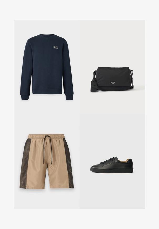 Sweat-shirt bleu marine à manches longues avec col rond, poignets et ourlet côtelés, avec un petit logo EA7 Emporio Armani sur la poitrine gauche.; Shorts beiges avec panneaux latéraux en mesh noir, taille élastique et cordon noir, présentés sur un fond clair uni.; Baskets basses en cuir noir avec surface texturée, lacets noirs et semelle en caoutchouc épaisse, présentées de côté sur un fond clair.; Sac bandoulière noir avec sangle réglable et petit emblème logo argenté sur le rabat avant, présenté sur un fond clair uni.