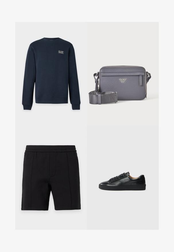 Sweat-shirt bleu marine à manches longues avec col rond, poignets et ourlet côtelés, avec un petit logo EA7 Emporio Armani sur la poitrine gauche.; Shorts noirs mi-cuisses avec taille élastique et coutures verticales sur le devant.; Baskets en cuir noir avec une texture lisse, bout rond et fermeture à lacets. Comprend une semelle en caoutchouc épaisse et un minimum de détails de marque.; Sac bandoulière rectangulaire gris foncé avec sangle réglable, poche avant zippée et emblème de logo argenté.