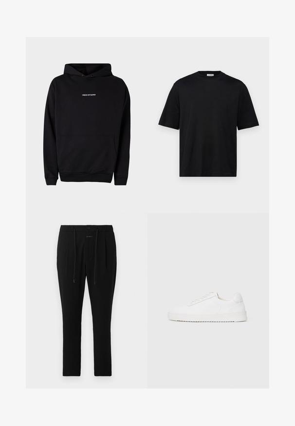 Schwarzer Kapuzenpullover mit einer Vordertasche und weißem "VISION OF SUPER"-Text auf der Brust. Hergestellt aus weichem Stoff mit gerippten Bündchen.; Filippa K MOCK NECK TEE - T-Shirt basic - black; CLOSED VIGO TAPERED - Chino - dark night; Weißer Sneaker mit einem Obermaterial aus glattem Leder, abgerundetem Zehenbereich, Schnürsenkeln, strukturierten seitlichen Akzenten und einer dicken Gummisohle. Minimalistisches Design.