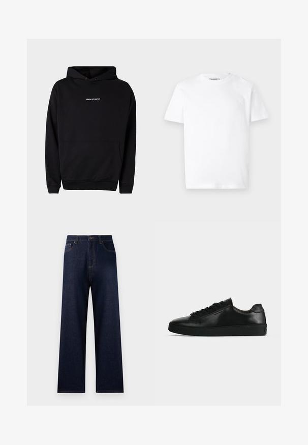 Schwarzer Kapuzenpullover mit einer Vordertasche und weißem "VISION OF SUPER"-Text auf der Brust. Hergestellt aus weichem Stoff mit gerippten Bündchen.; Weißes Baumwoll-T-Shirt mit Rundhalsausschnitt und kurzen Ärmeln. Besitzt ein kleines, geprägtes Logo auf der linken Brust. Glatte Textur.; Dunkelblaue Jeans aus Denim mit hoher Taille, weitem Bein und Kontrastnähten. Merkmale sind Fronttaschen und eine einzelne Gesäßtasche.; Schwarzer niedriger Ledersneaker mit schwarzen Schnürsenkeln und dicker schwarzer Sohle, von der Seite auf hellgrauem Hintergrund gezeigt.