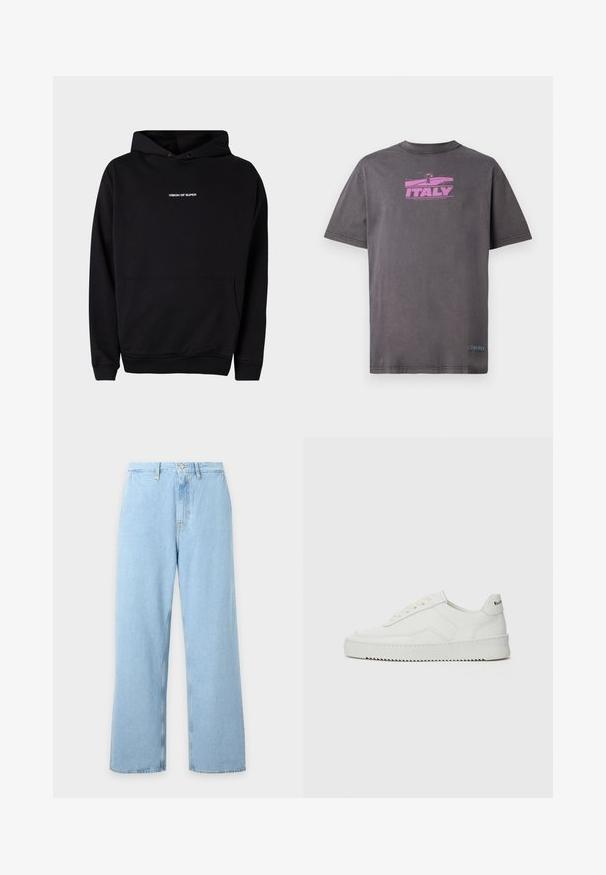 Zwarte hoodie met een voorzak en witte tekst "VISION OF SUPER" op de borst. Gemaakt van zachte stof met ribbels aan de manchetten.; Iceberg T-shirt print - grigio scuro; Lichtblauwe jeans met hoge taille en wijde pijpen, voorzien van riemlussen, knoopsluiting aan de voorkant en ritssluiting, getoond op een effen lichte achtergrond.; Witte leren sneaker met een gladde afwerking, ronde neus, platte veters en een gestructureerde zool. Kenmerkt zich door een subtiel logo op de hiel.