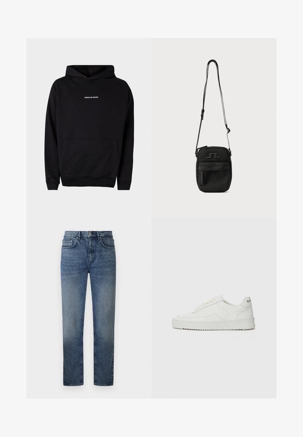 Zwarte hoodie met een voorzak en witte tekst "VISION OF SUPER" op de borst. Gemaakt van zachte stof met ribbels aan de manchetten.; Blauwe denim jeans met een rechte pasvorm, vijf zakken, een metaalknopsluiting en lichte vervaging op de dijen. Klassieke stikdetaillering overal.; Witte leren sneaker met een gladde afwerking, ronde neus, platte veters en een gestructureerde zool. Kenmerkt zich door een subtiel logo op de hiel.; Zwarte crossbodytas met verstelbare riem, een voorvak met ritssluiting en een geperst logo aan de voorkant tegen een effen achtergrond.