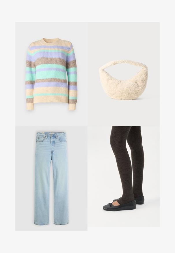 ONLY ONLMAGGIE LIFE O NECK - Πουλόβερ - birch/picante/aqua sky/pastel lilac; Ανοιχτό μπλε τζιν παντελόνι με ίσια γραμμή, διαθέτοντας πέντε τσέπες, κλασικό φερμουάρ και ορατές ραφές.; Πόδια με σκουρόχρωμα ριμπ κολάν συνδυασμένα με μαύρα μπαλαρίνα παπούτσια με μικρές λεπτομέρειες φιόγκων σε λευκό φόντο.; Κρεμ τσάντα με απαλό, φουντωτό υφή. Καμπυλωτό σχήμα και φαρδύ λουρί για μεταφορά. Απλός σχεδιασμός, χωρίς ορατά εξαρτήματα ή διακοσμητικά.