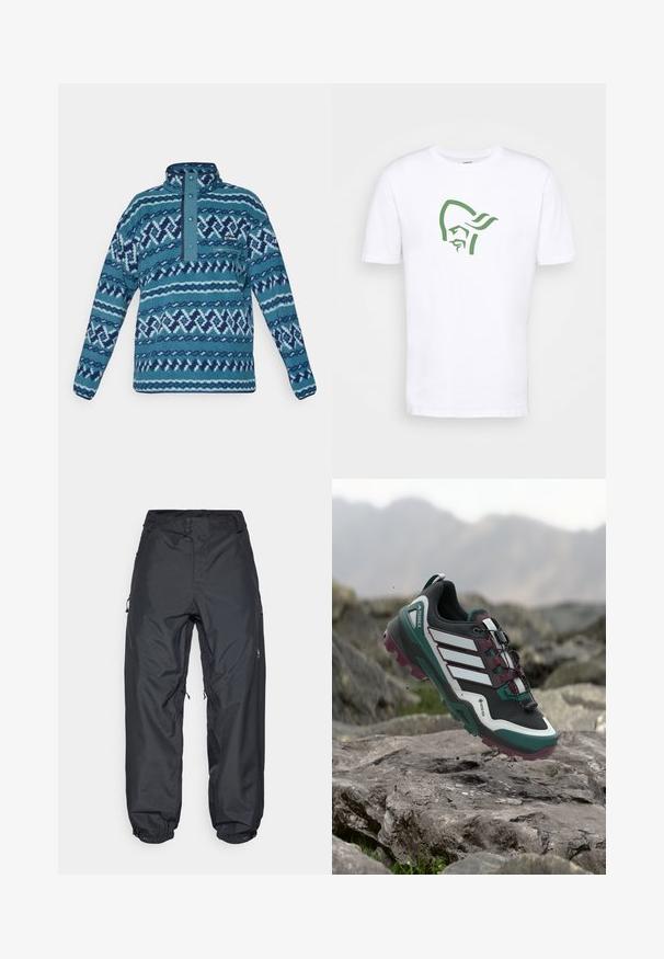 Blauwe fleece pullover met doorgestikt patroon, drukknoopsluiting, ritssluiting op de borstzak en lange mouwen, geschikt voor koud weer.; Norrøna /29 COTTON VIKING T-SHIRT - T-shirt print - pure white; Zwarte waterdichte broek met een ontspannen pasvorm, voorzien van twee knopen in de taille, verstelbare enkelmanchetten en zijzakken met rits.; Trailrunningschoen in zwart, wit, groen en kastanjebruin, zwevend boven rotsachtig terrein met wazige bergen op de achtergrond.