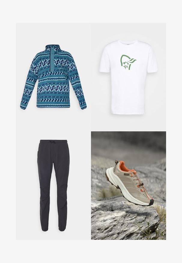 Blå mønstret fleecepullover med trykknap-lukning, lynlåslomme på brystet og lange ærmer, velegnet til koldt vejr.; Norrøna /29 COTTON VIKING T-SHIRT - T-shirts print - pure white; Sorte, letvægts udendørs bukser med elastisk talje, snorelukning og to sidelommer med lynlås. Fremstillet af åndbart stof.; Beige og orange vandresko med tyk sål, GORE-TEX-mærke og "TERREX"-branding, vist over klippefyldt terræn.
