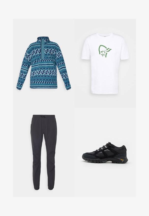 Blå mønstret fleecepullover med trykknap-lukning, lynlåslomme på brystet og lange ærmer, velegnet til koldt vejr.; Norrøna /29 COTTON VIKING T-SHIRT - T-shirts print - pure white; Sorte, letvægts udendørs bukser med elastisk talje, snorelukning og to sidelommer med lynlås. Fremstillet af åndbart stof.; Sort udendørs sko lavet af ruskind og mesh med en robust sål. Har grå accenter og Vibram-branding på siden. Snøredesign.