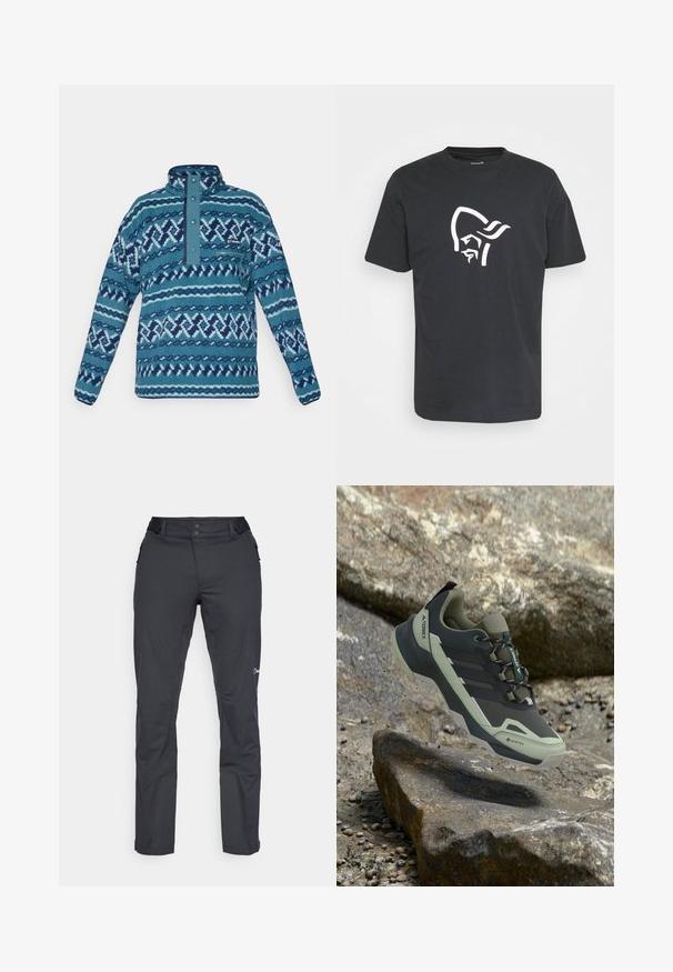 Blauwe fleece pullover met doorgestikt patroon, drukknoopsluiting, ritssluiting op de borstzak en lange mouwen, geschikt voor koud weer.; Zwart katoenen t-shirt met een grote witte afbeelding van een gestileerd gezicht met een hoofdtooi op de voorkant. Klassieke ronde halslijn en korte mouwen.; Berghaus RIDGE ROAMER - Outdoorbroeken - black; Wandelschoen met een zwarte en groene Gore-Tex bovenkant en een robuust zool zwevend boven rotsachtig terrein.