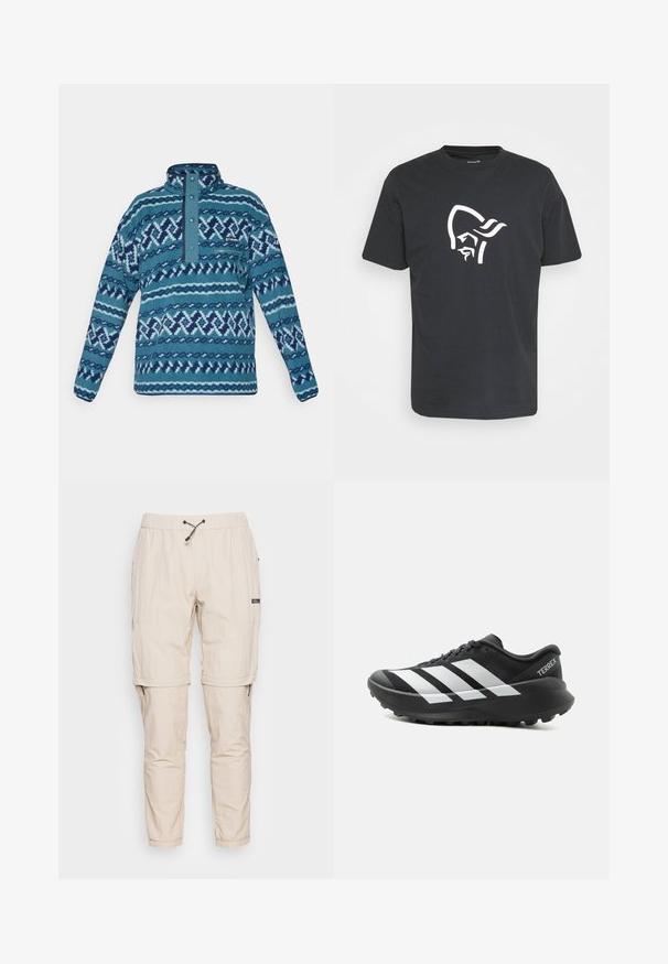 Blå mønstret fleecepullover med trykknap-lukning, lynlåslomme på brystet og lange ærmer, velegnet til koldt vejr.; Sort bomulds t-shirt med et stort hvidt grafik af et stiliseret ansigt med et hovedbeklædning på fronten. Klassisk rund halsudskæring og korte ærmer.; Beige, letvægts joggerbukser lavet af glat stof, med elastisk talje, justerbar snøre og lynlåslommer på siden.; Sort og hvid Adidas Terrex trail løbesko med tyk sål og mønstret ydersål, sidevisning på ensartet lys baggrund.