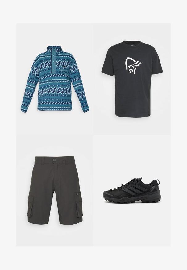 Blauwe fleece pullover met doorgestikt patroon, drukknoopsluiting, ritssluiting op de borstzak en lange mouwen, geschikt voor koud weer.; Zwart katoenen t-shirt met een grote witte afbeelding van een gestileerd gezicht met een hoofdtooi op de voorkant. Klassieke ronde halslijn en korte mouwen.; Donkergrijze cargoshorts van lichtgewicht stof, met twee zijzakken en een ritszak op het rechterbeen. knoopsluiting bij de taille.; Zwarte sportschoen met een gemêleerde mesh bovenkant, contrasterende synthetische accenten en een robuuste rubberen zool. Voorzien van een veilig vetersysteem en een achterste tab.