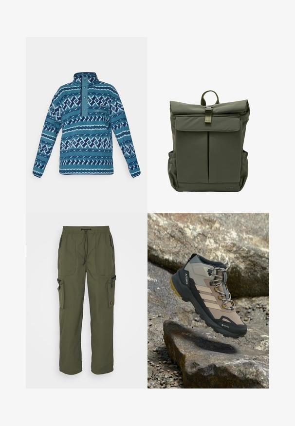 Pull en polaire bleu à motifs avec patte à boutons-pression, poche poitrine zippée et manches longues, adapté aux temps froids.; Pantalons cargo vert olive en tissu léger, avec une taille élastique, un système de fermeture à cordon, et plusieurs poches zippées.; Botte de randonnée beige et noire avec Gore-Tex, marquage Terrex, et semelle robuste suspendue au-dessus d'un terrain rocailleux.; Sac à dos à enroulement vert olive avec poche avant à rabat, fermeture à boucle métallique, poches latérales et poignée supérieure tissée.