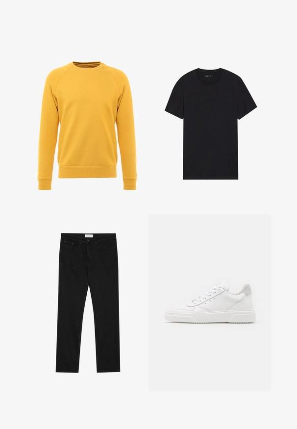 Sweatshirt jaune avec un col rond, des manches raglan longues, des poignets et un ourlet côtelés, fabriqué à partir d'un tissu doux au toucher lisse.; T-shirt en coton noir à manches courtes et col rond. Le tissu a une texture lisse et un design simple et uni.; Jean droit noir avec un design à cinq poches, fermeture à bouton et zip, et une étiquette de marque Pier One sur la taille.; Des baskets en cuir blanc avec une finition lisse, un bout rond, des lacets plats et une semelle texturée. Accents en daim gris au niveau du talon.