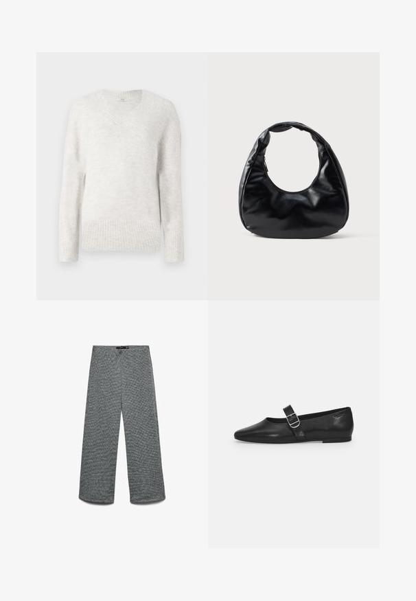 Pull à col en V gris clair en tissu doux et texturé. Présente des poignets et un ourlet côtelés, avec une coupe décontractée et des manches longues.; Pantalon à jambes larges en tissu tricoté gris texturé. Doté d'une taille haute et de jambes droites, offrant une coupe décontractée.; Chaussure plate en cuir noir avec un bout arrondi, une seule sangle réglable à boucle et une texture lisse et brillante. Design minimaliste avec un petit talon.; Sac à main en simili cuir noir avec une forme de croissant unique, une large poignée rembourrée et une fermeture éclair. Texture lisse et brillante, design minimaliste.