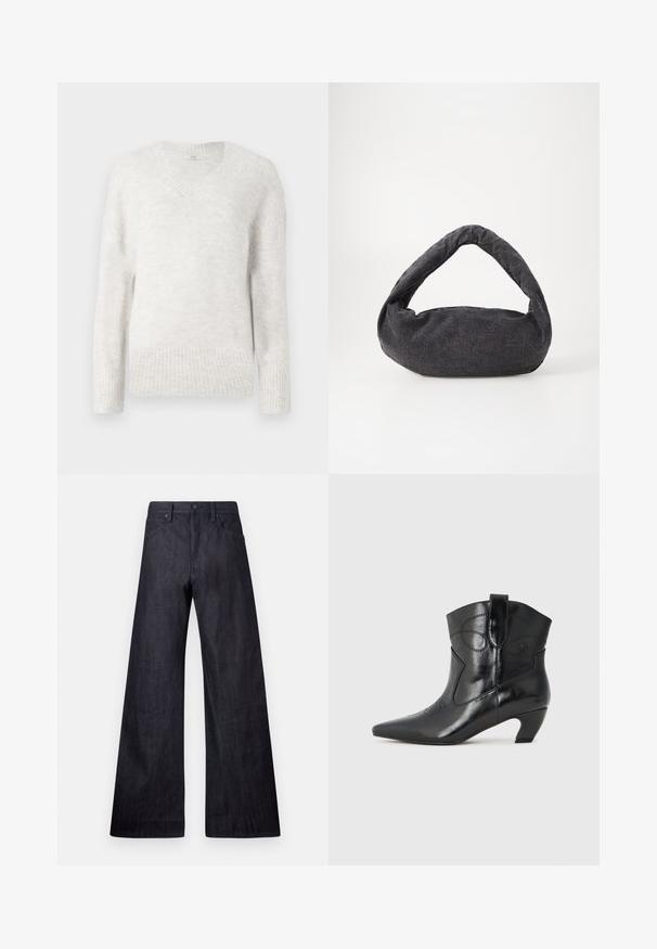 Hellgrauer V-Ausschnitt-Pullover aus weichem, strukturiertem Stoff. Mit gerippten Bündchen und Saum, entspannter Passform und langen Ärmeln.; Weite dunkelblaue Jeans mit glatter Textur, traditionellem Fünf-Taschen-Design und einem dezenten Glanz, ausgestattet mit einem Knopfverschluss.; Schwarze Leder-Ankle-Boots mit spitz zulaufender Zehenpartie, geschwungenen Nahtdetails, niedrigem Blockabsatz und Zuglasche hinten, mit glänzender Oberfläche.; Dunkelgraue Stofftasche mit einem gebogenen Griff, weicher Textur und runder Form. Keine sichtbaren Beschläge oder Verzierungen.