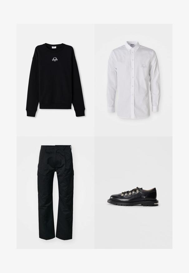 Sort sweatshirt lavet af blødt stof, med rund halsudskæring og lange ærmer. Den har et broderet design i midten.; Hvid langærmet skjorte med knap-opsætning og nedknappet krave samt et diskret broderet logo på venstre bryst.; Sorte cargo-bukser med en glat tekstur, der har sidelommer, en knaplukning og et afslappet fit design.; Sorte læder lavskårne sko med tyk sål, metaløjer, dekorative sølv charms på snørebåndene, og tekstureret mønster på sålen.