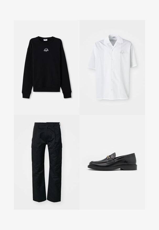 Sort sweatshirt lavet af blødt stof, med rund halsudskæring og lange ærmer. Den har et broderet design i midten.; Hvid kortærmet skjorte lavet af bomuld med knapper foran. Har en diskret broderet logo på brystet. Klassisk kravedesign.; Sorte cargo-bukser med en glat tekstur, der har sidelommer, en knaplukning og et afslappet fit design.; Sorte læder loafers med en rund tå, der har guld hardware accent og syningsdetaljer, placeret på en lav, tekstureret gummisål.