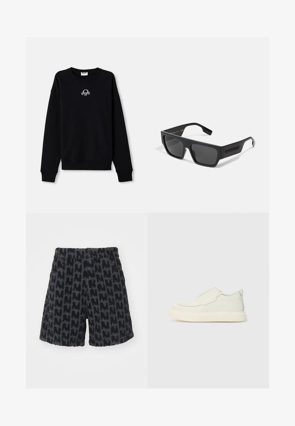 Schwarzer Pullover aus weichem Material, mit Rundhalsausschnitt und langen Ärmeln. Er hat ein gesticktes Design in der Mitte.; Flauschige schwarze und graue Shorts mit einem strukturierten Muster, das dem Buchstaben "M" ähnelt. Sie verfügen über einen Bund mit einem Knopf und seitlichen Taschen.; Slip-On-Sneaker aus off-weißem, strukturiertem Material mit dicker, geriffelter Sohle. Verfügt über minimale Nähte und einen dezenten hellblauen Akzent.; Schwarze Sonnenbrille mit rechteckiger Form, mattem Finish und grauen Gläsern. Mit eingeprägtem Logo an den Bügeln. Klassisches Design.