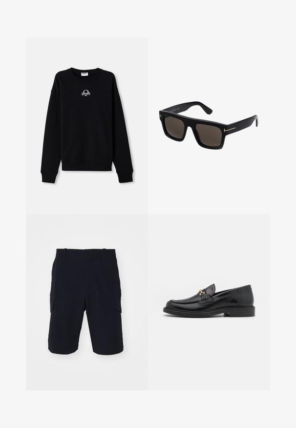 Sort sweatshirt lavet af blødt stof, med rund halsudskæring og lange ærmer. Den har et broderet design i midten.; rag & bone CADE - Shorts - black; Sorte læder loafers med en rund tå, der har guld hardware accent og syningsdetaljer, placeret på en lav, tekstureret gummisål.; Sorte firkantede solbriller med mørke linser, der har guldtonede accenter på stængerne og en glat plastikoverflade.