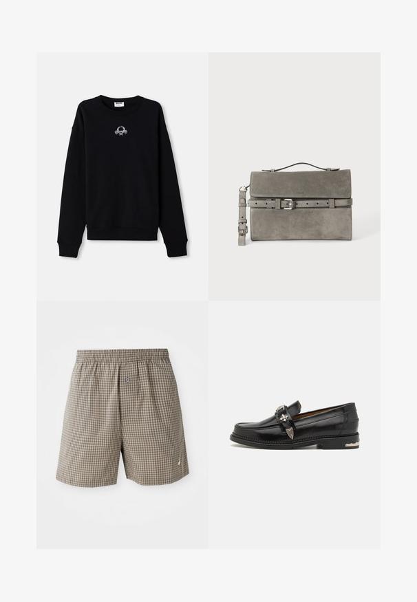 Schwarzer Pullover aus weichem Material, mit Rundhalsausschnitt und langen Ärmeln. Er hat ein gesticktes Design in der Mitte.; Braun karierte Shorts mit elastischem Bund, seitlichen Taschen und einem kleinen Logo-Detail am Saum. Leichter Stoff.; Schwarze Lederloafers mit silberner dekorativer Hardware, einem Mokassin-Style-Obermaterial, detaillierter Stickerei und einem gestapelten Absatz.; Graue rechteckige Clutch aus Veloursleder mit oberem Griff, abnehmbarem Riemen und silbernem Schnallengürtel-Detail auf der Vorderklappe.