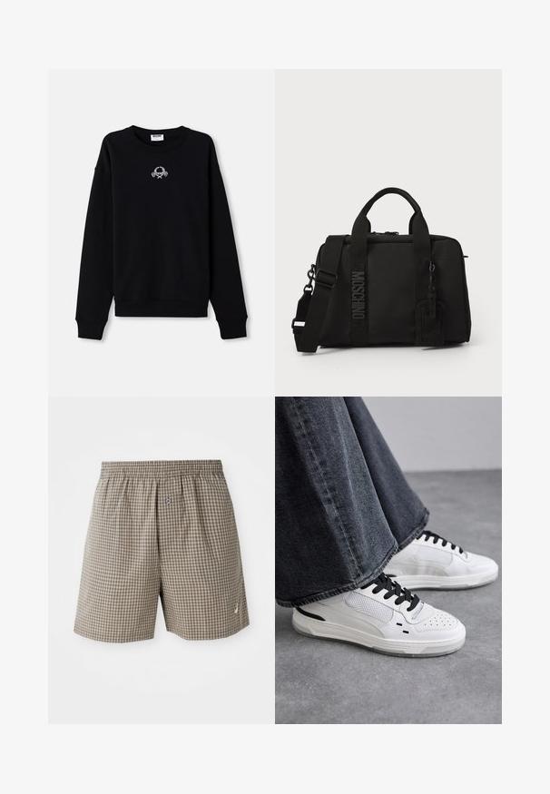 Sort sweatshirt lavet af blødt stof, med rund halsudskæring og lange ærmer. Den har et broderet design i midten.; Brune ternede shorts med elastisk talje, sidelommer og en lille logo-detail nær kanten. Letvægtsstof.; Hvide sneakers med sorte snørebånd og mesh-detaljer. Har en glat læderoverdel og en tekstureret gummisål. Bæres sammen med brede grå jeans.; Sort tekstilpose med dobbelthåndtag og aftagelig skulderrem. Har prægget logo og lædermærke. Glat tekstur, rektangulær form.