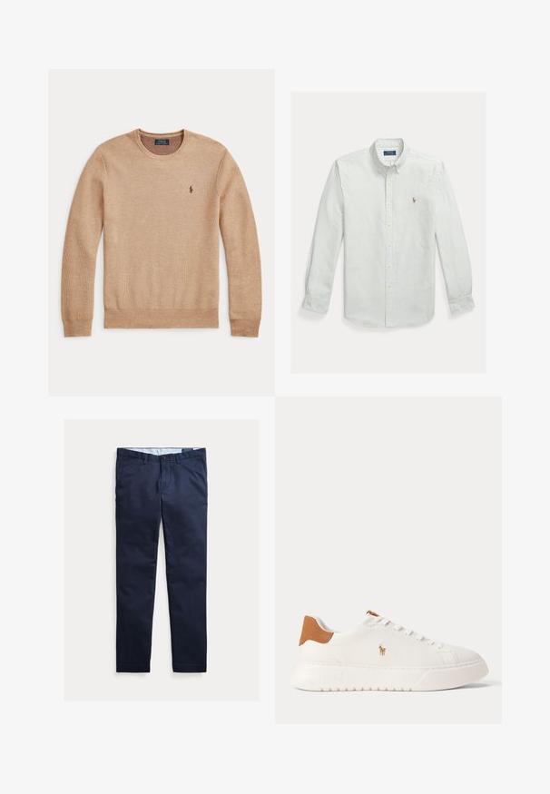Beige gebreide trui met lange mouwen, een ronde hals en een klein donker geborduurd Polo Ralph Lauren-logo op de linkerborst.; Lichtgroen-wit gestreept overhemd van katoen met knopen, voorzien van een klassieke kraag en een klein geborduurd logo op de borst.; Marineblauwe slim-fit herenchino's met riemlussen, voorste knoop en zakken, plat weergegeven op een witte achtergrond.; Witte lage sneaker met beige hieltab, witte veters en klein geborduurd polo spelerlogo aan de zijkant boven een dikke zool.