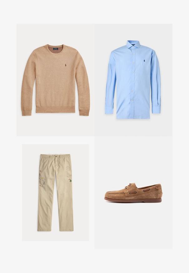 Beige gebreide trui met lange mouwen, een ronde hals en een klein donker geborduurd Polo Ralph Lauren-logo op de linkerborst.; Lichtblauw overhemd met lange mouwen, knopen, kraag en een klein donkerblauw geborduurd logo op de linkerborst.; Beige katoenen broek met geborduurde afbeeldingen, waaronder bomen en bergen, voorzien van een knoopsluiting en riemlussen.; Bruine suède mocassin met leren veters, gestikte neus en platte rubberen zool, zijaanzicht op een lichte achtergrond.