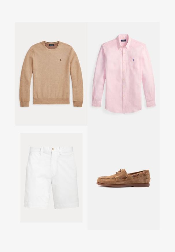 Beežist kudumist pikkade varrukatega kampsun ümara kaelusega ja väikse tumeda tikitud Polo Ralph Laureni logoga vasakul rinnal.; Helepunane pikkade varrukatega nööpidega särk, valgete triipudega, nööpidega kraega, rinnatasku ja väikese sinise tikkimismärgiga.; Valged põlvpikad lühikesed püksid vööaasadega ja pruuni nööpklambriga vöökohal, esitatud ühevärvilisel taustal.; Pruun seemisnahast mokassiin nahast paeladetailide, õmmeldud varbaosaga ja lameda kummist tallaga, nähtud küljelt hele taust.
