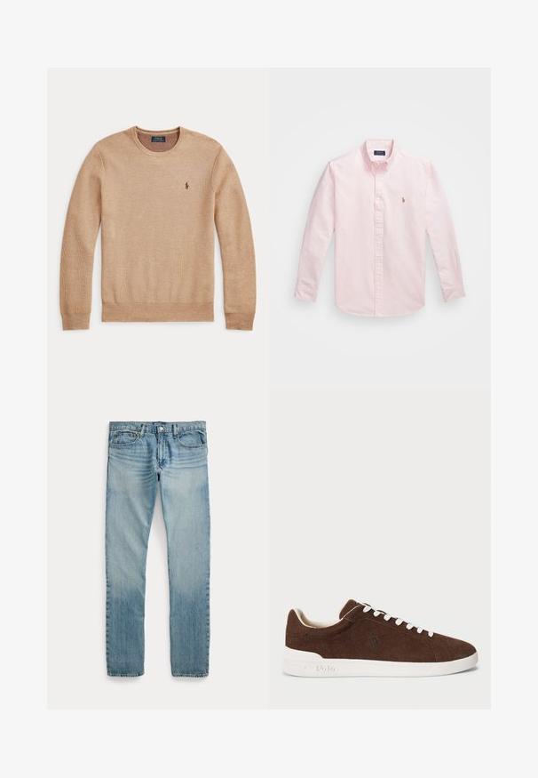 Béžový pletený sveter s dlhým rukávom, okrúhlym výstrihom a malým tmavým vyšívaným logom Polo Ralph Lauren na ľavej strane hrudníka.; Svetloružová košeľa na gombíky s tenkými bielymi pruhmi, dlhými rukávmi, bodovým golierom a malou vyšívanou značkou na hrudi.; Svetlomodré rifle s rovným strihom, piatimi vreckami, zapínaním na gombíky a jemnými vyblednutými detailmi okolo stehien a kolien.; Hnedé semišové nízke tenisky s bielou gumovou podrážkou, bielymi šnúrkami a vyšitou logom Polo na boku.