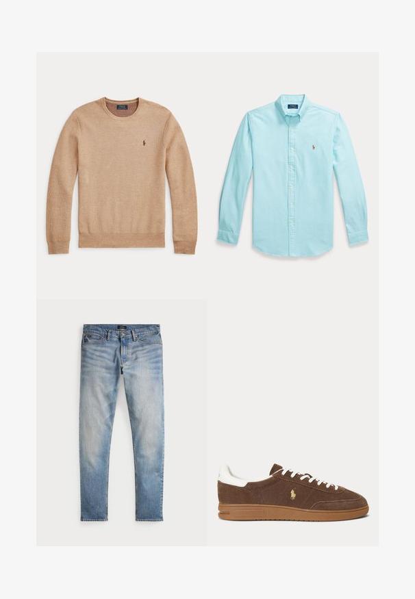 Beige gebreide trui met lange mouwen, een ronde hals en een klein donker geborduurd Polo Ralph Lauren-logo op de linkerborst.; Lichtblauw overhemd met lange mouwen, knopen, kraag en klein geborduurd logo op de linkerborst.; Lichtblauwe denim jeans met een vervaagde afwerking, vijfzakkenontwerp en contrasterende stiksels. Heeft een ritssluiting en riemlussen. Rechte snit.; Bruine suède sneaker met witte veters en hiel, rubberen zool en gouden Ralph Lauren paardenlogo op de zijkant.