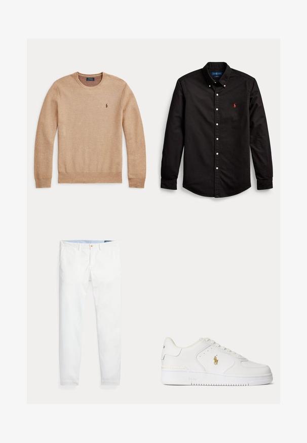 Beige gebreide trui met lange mouwen, een ronde hals en een klein donker geborduurd Polo Ralph Lauren-logo op de linkerborst.; Zwart overhemd met lange mouwen en kraag, witte knopen en een rood geborduurd logo op de linkerborst.; Witte katoenen chino's met een slim fit, voorzien van een enkele gouden knoopsluiting en een lichtblauwe binnenband. Gladde textuur zonder patronen.; Witte lage leren sneaker met witte veters en een gouden Polo Ralph Lauren-logo aan de zijkant en "Polo" in de zool gegraveerd.