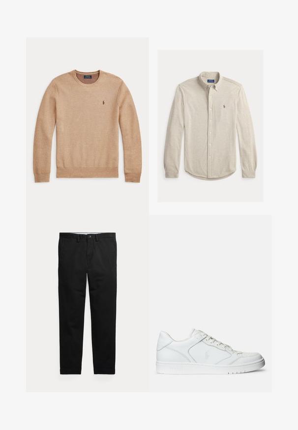 Beežist kudumist pikkade varrukatega kampsun ümara kaelusega ja väikse tumeda tikitud Polo Ralph Laureni logoga vasakul rinnal.; Heleroosa pika varrukaga nööpidega särk, valmistatud pehmest kangast. Omab klassikalist kraed, kumerat alaosa ja väikest logo rinnal.; Mustad sirgjoonelised püksid vööaasade, eesnupu ja küljetaskutega, esitatud lameda kujul heledal taustal.; Valged nahast spordijalatsid siledast materjalist, millel on ventilatsiooniga varvas, paelad ja kõrvale brodeeritud logo. Valge kummitald.