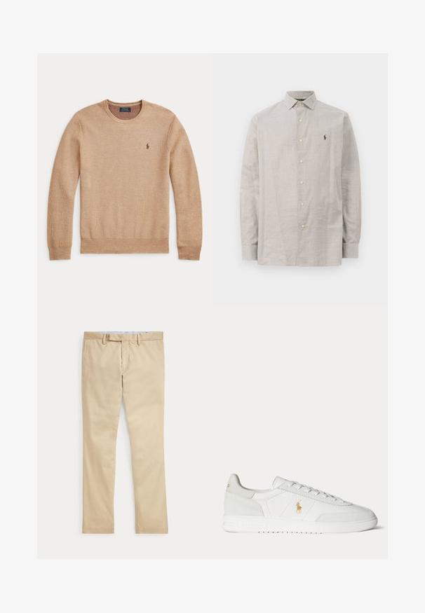 Beige striktrøje med lange ærmer, rund halsudskæring og lille mørkt broderet Polo Ralph Lauren-logo på venstre bryst.; Lysegrå skjorte med knapper lavet af bomuld, med et ternet mønster, der har krave, lange ærmer og et lille broderet logo på brystet.; Beige bukser med lige ben, bæltestropper og frontlynlås, lagt fladt mod en hvid baggrund.; Hvid lavtop sneaker med snøredesign, guldfarvet Polo Ralph Lauren-logo på siden og tekstureret sål på en ensfarvet baggrund.