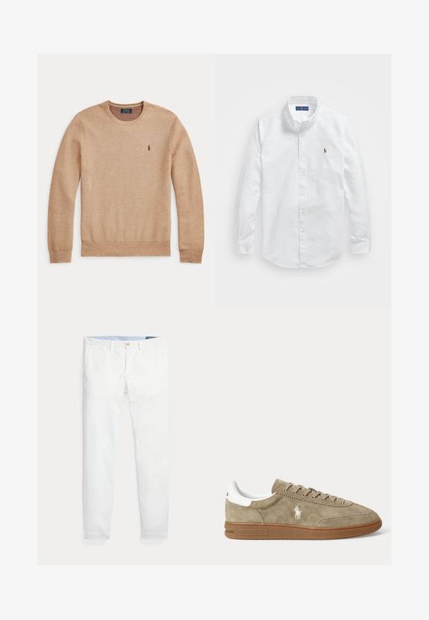 Béžový pletený sveter s dlhým rukávom, okrúhlym výstrihom a malým tmavým vyšívaným logom Polo Ralph Lauren na ľavej strane hrudníka.; Biela bavlnená košeľa na gombíky s klasickým golierom, dlhými rukávmi a malým vyšitým logom na ľavej hrudi.; Biele bavlnené chino nohavice s úzkym strihom, so zlatým jedným gombíkom na zapínanie a svetlomodrým vnútorným pásom. Hladká textúra bez vzorov.; Nízkoprofilová béžová semišová teniska s hnedou podrážkou, bielym detailom na päte, šnúrkami a bielym vyšívaným logom hráča póla na boku.