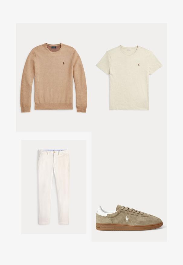 Beige striktrøje med lange ærmer, rund halsudskæring og lille mørkt broderet Polo Ralph Lauren-logo på venstre bryst.; Beige kortærmet T-shirt med rund halsudskæring og lille brun Polo Ralph Lauren-logo på venstre bryst.; Herre slim-fit off-white bukser med frontlommer, bæltestropper og knaplukning på en ensfarvet baggrund.; Beige lavskoet ruskindesneaker med brun sål, hvid hældetalje, snørebånd og en hvid broderet polospillerlogo på siden.