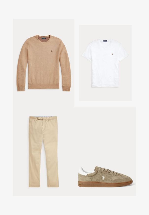 Beige striktrøje med lange ærmer, rund halsudskæring og lille mørkt broderet Polo Ralph Lauren-logo på venstre bryst.; Hvid T-shirt med rund hals og korte ærmer med lille broderet Polo Ralph Lauren-logo på venstre bryst og blå mærkeetiket indvendigt i kraven.; Beige bukser med lige ben, bæltestropper og frontlynlås, lagt fladt mod en hvid baggrund.; Beige lavskoet ruskindesneaker med brun sål, hvid hældetalje, snørebånd og en hvid broderet polospillerlogo på siden.