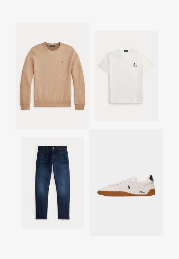 Beige striktrøje med lange ærmer, rund halsudskæring og lille mørkt broderet Polo Ralph Lauren-logo på venstre bryst.; Hvid bomulds-T-shirt med korte ærmer. Har en marineblå logo og tekst på venstre bryst. Klassisk rund halsdesign. Glat tekstur.; Mørkeblå denimjeans med lige ben, som har en klassisk fem-lommer-opbygning og kontrastsyninger. Knappelukning foran synlig.; Hvid lav sneakers med brun gummisål, sort Polo Ralph Lauren-logo på siden og "RL" tekst på hælområdet.