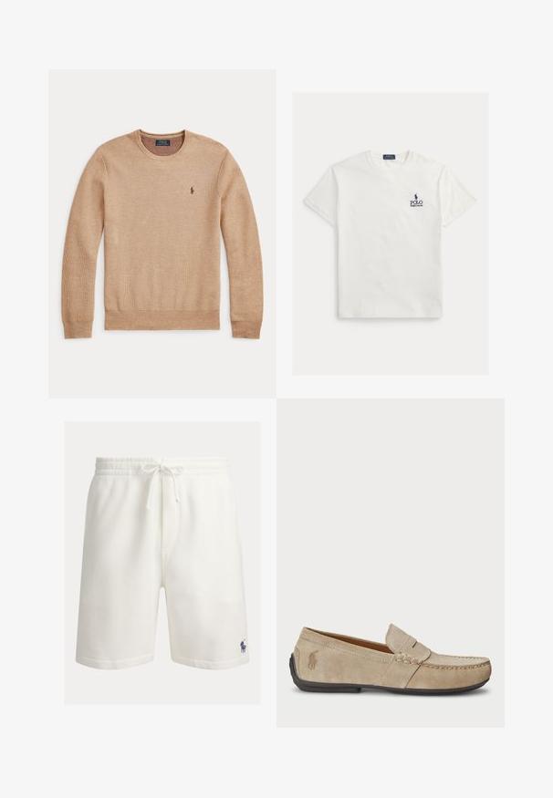 Beežist kudumist pikkade varrukatega kampsun ümara kaelusega ja väikse tumeda tikitud Polo Ralph Laureni logoga vasakul rinnal.; Valge puuvillane lühikeste varrukatega t-särk. Vasakul rinnal on tumesinise logoga tekst. Klassikaline ümara kaelusega disain. Sile tekstuur.; Valged puuvillased lühikesed püksid elastse vöökohaga, nööriga ja küljetaskutega. Alumisel vasakul küljel on väike sinine polo logo.; Bež sueded loafers, mille õmblustega detailide, lame kummitald ja väike logo küljel. Klassikaline libisev disain, pehme tekstuur.
