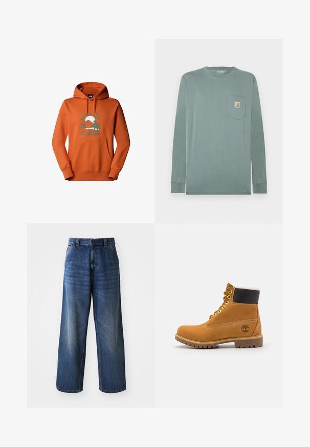 Sudadera con capucha naranja y bolsillo frontal, que presenta un gráfico de una montaña, árboles, un sol y el texto "Nunca dejes de explorar."; Camisa de manga larga en algodón verde claro con cuello redondo, que presenta un bolsillo en el pecho izquierdo y un parche de logo en naranja y blanco.; Jeans de mezclilla azul de cintura alta con un diseño de pierna ancha, que presentan un ligero desvanecimiento, bolsillos delanteros y un cierre de botón en la cintura.; Botín de cuero marrón con ojales de metal, forro de piel sintética blanca, cuello acolchado negro, suela resistente y logotipo en relieve en el costado.