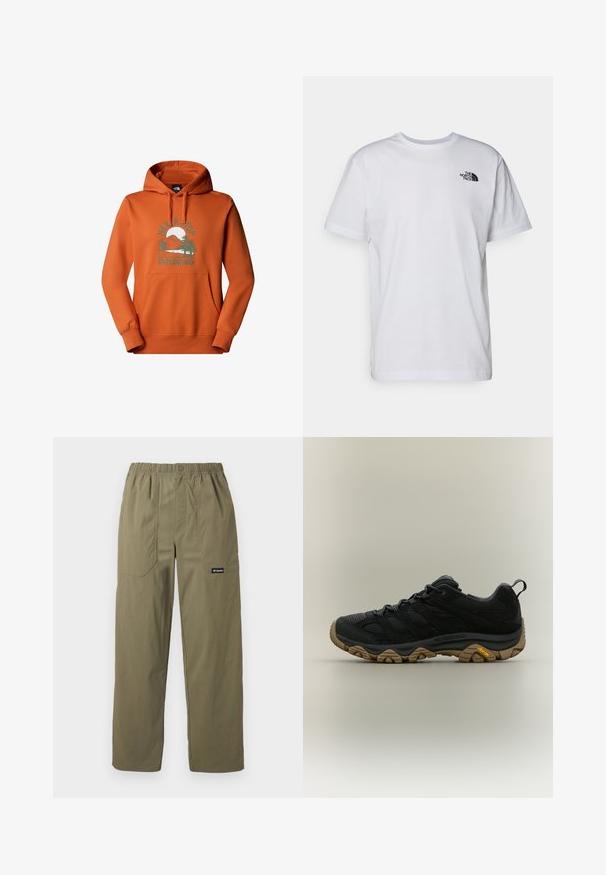 Sudadera con capucha naranja y bolsillo frontal, que presenta un gráfico de una montaña, árboles, un sol y el texto "Nunca dejes de explorar."; Camiseta de algodón blanca con mangas cortas y cuello redondo. Presenta un pequeño logo negro en la parte izquierda del pecho. Diseño y textura simples.; Pantalones rectos de color verde oliva con cintura elástica, bolsillos frontales parche, cierre con botón y logo de Columbia en el bolsillo derecho.; Zapato de senderismo negro con suela Vibram marrón texturizada y lengüeta de tirón en el talón, mostrado de perfil sobre un fondo neutro.