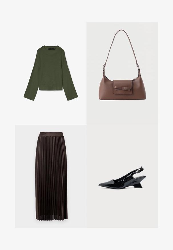 Pull en maille gaufrée vert olive avec manches longues larges, col rond et poignets et ourlet côtelés, posé à plat sur fond blanc.; Jupe midi plissée en tissu marron foncé, avec une taille lisse, un design long jusqu'au sol et des plis verticaux pour une texture supplémentaire.; Chaussure slingback en cuir verni noir avec bout pointu et petit talon bloc incliné sur fond clair uni.; Sac à bandoulière en cuir marron avec une poche à rabat avant ornée d'un détail en forme de nœud cousu et une sangle réglable.