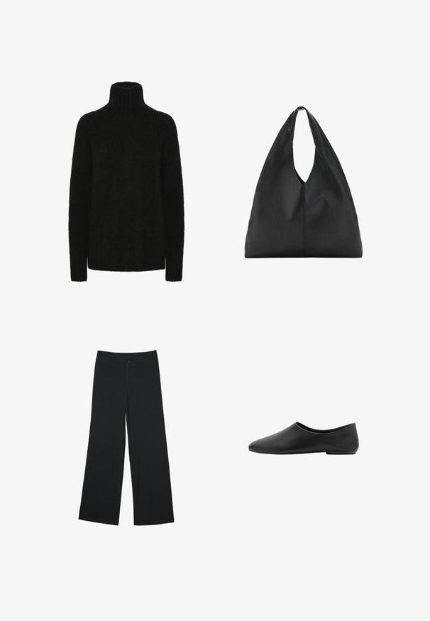 Sort turtleneck trøje lavet af blødt, tekstureret materiale; løs pasform med ribbet krave og manchetter. Lange ærmer og ingen synlige mønstre.; Bredde bukser i sort stof, der har frontlommer og lukning med knap. Glat tekstur, skræddersyet pasform og fuld længde.; Sorte minimalistiske flade sko med rund mandelformet tå og lav hæl, glat læderoverdel, slip-on stil.; Sort skuldertaske i læder med stort, blødt design og et dybt, aflangt udskåret håndtag for nem bæring. Glat tekstur, minimalistisk stil.