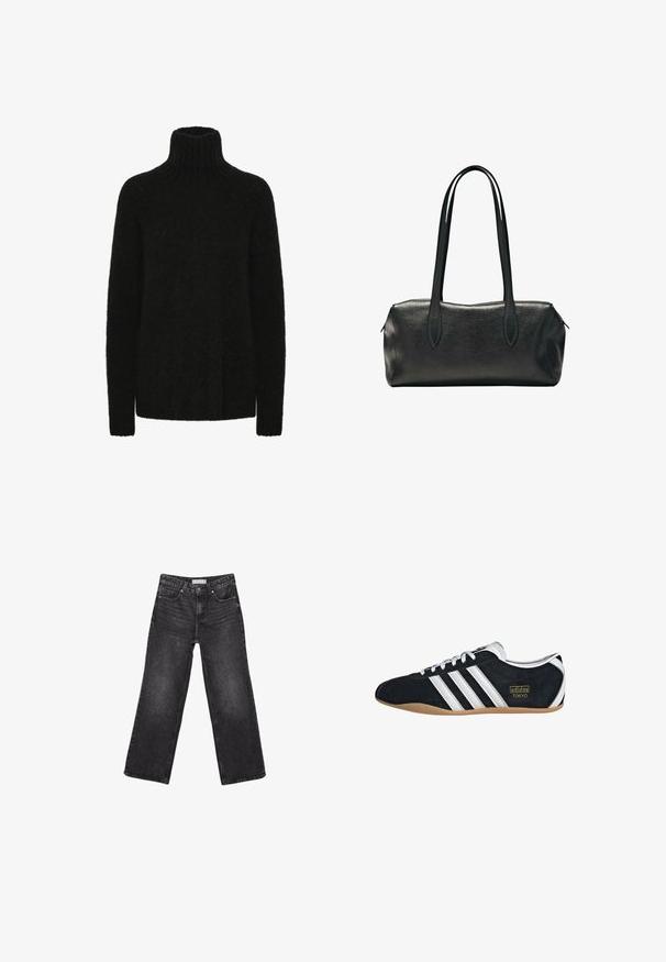 Sort turtleneck trøje lavet af blødt, tekstureret materiale; løs pasform med ribbet krave og manchetter. Lange ærmer og ingen synlige mønstre.; Sorte denimjeans med brede ben, for- og baglommer, knaplukning og bæltestropper, lagt fladt på en hvid baggrund.; Sort ruskinds sneaker med hvide tre striber, guldlogo og en brun gummisål. Har et lavprofil snørebåndsdesign.; Sort rektangulær læderhåndtaske med to lange skulderstropper og en lynlåslukning øverst.