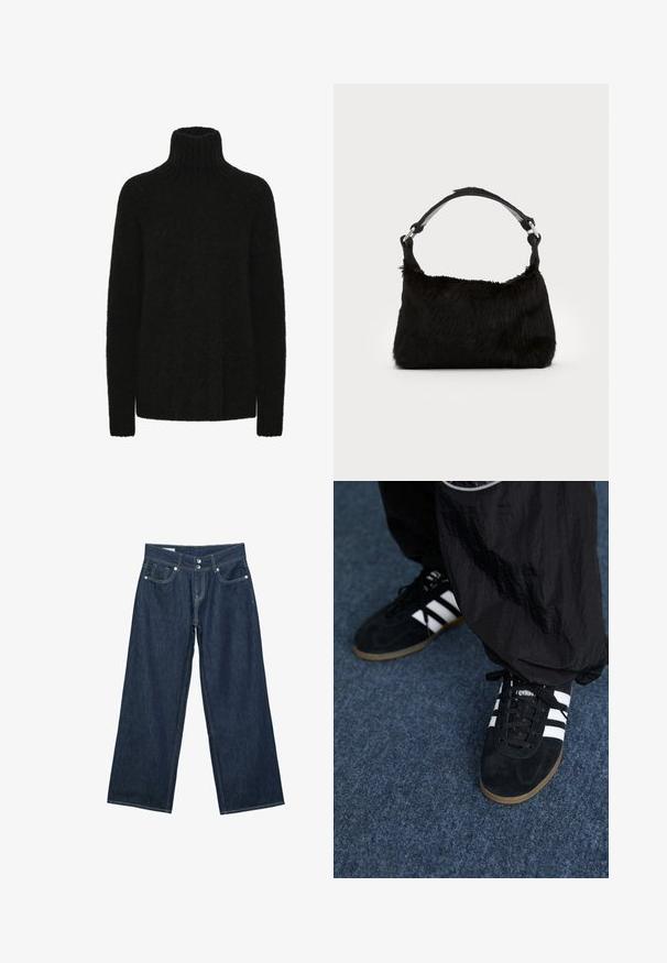 Pull à col roulé noir en matière douce et texturée; coupe ample avec col et poignets côtelés. Manches longues et sans motifs visibles.; Jeans en denim bleu foncé à jambes larges avec fermeture à double bouton, poches avant et surpiqûres contrastantes sur fond blanc.; Des chaussures de sport en suède noir avec trois rayures blanches et des lacets noirs. Un pantalon noir texturé est partiellement visible à côté des chaussures.; Sac à main en fausse fourrure noire avec une texture douce, une forme arrondie et une bandoulière en cuir noir robuste. Accent en métal argenté visible.