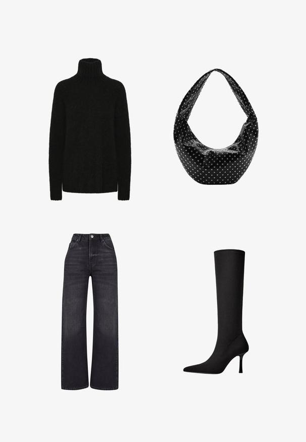 Sort turtleneck trøje lavet af blødt, tekstureret materiale; løs pasform med ribbet krave og manchetter. Lange ærmer og ingen synlige mønstre.; 2Y Studios NAYA BASIC LIGHT - Wide leg - washed black; Sort knæhøj støvle lavet af et glat stof med spids tå og tynd stilettohæl. Har minimal syning og et strømlinet design.; Sort læderhåndtaske med en blød form, pyntet med sølvnitter og en bred skulderrem. Glat tekstur med et rynket design.