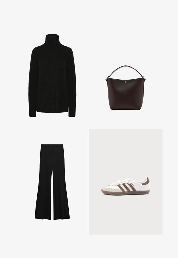 Sort turtleneck trøje lavet af blødt, tekstureret materiale; løs pasform med ribbet krave og manchetter. Lange ærmer og ingen synlige mønstre.; Sorte bukser med høj talje og brede, vide ben, bæltestropper og forreste presning, på hvid baggrund.; Hvid Adidas Samba sneaker med brune ruskindstriber, brun gummisål og beige ruskindståhætte, vist fra ydersiden på en ensfarvet baggrund.; Sort læder bucket-taske med en buet topkant, enkelt kort håndtag og lille guldfarvet knapdetalje på frontens midte.