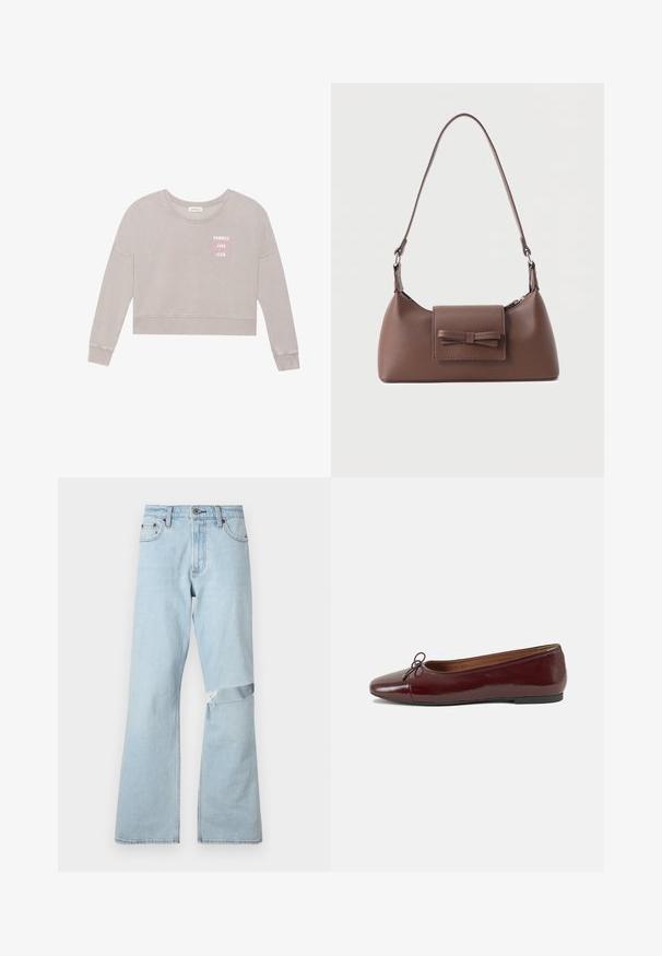 Helles graues, tailliertes Sweatshirt mit langen Ärmeln, weicher Textur und Druck "SUMMER LOVE CLUB" in Pink. Verfügt über einen runden Halsausschnitt und ein geripptes Bündchen.; Hellblaue Jeans im Flared-Design mit einem ausgefransten Patch am Knie und normalen Fronttaschen.; Burgunderfarbenes, lackiertes Ballettschuh mit abgerundetem Zehenbereich, kleiner Schleifenakzent vorne und einer niedrigen, schwarzen Gummisohle. Glatte Textur.; Braune Leder-Umhängetasche mit einer vorderen Klappentasche, die ein gestepptes Schleifendetail und einen verstellbaren Riemen aufweist.