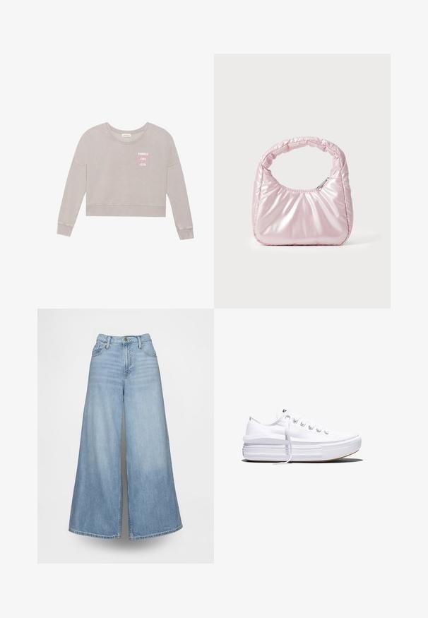 Helles graues, tailliertes Sweatshirt mit langen Ärmeln, weicher Textur und Druck "SUMMER LOVE CLUB" in Pink. Verfügt über einen runden Halsausschnitt und ein geripptes Bündchen.; Hellblaue Jeans mit weitem Bein aus Denim, mit hoher Taille, Fronttaschen und Knopfverschluss. Der Stoff hat eine verblasste Waschung.; Weißer Canvas-Sneaker mit niedrigem Schnitt, dicker Plateau-Sohle, vorderer Schnürung und rauer Gummikappe an der Spitze, aus seitlicher Ansicht gezeigt.; Rosa, gepolsterte Handtasche mit abgerundeter Form, aus glänzendem Material gefertigt. Verfügt über einen gerafften Griff und einen Reißverschluss für sicheren Zugang.