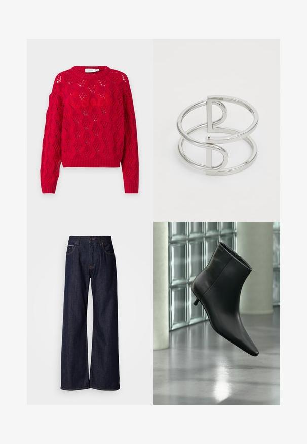 Pull en tricot rouge avec un motif ajouré texturé, col rond et manches longues avec des poignets et un ourlet côtelés.; Jean en denim noir à jambes larges et taille haute, avec poches avant et détails de couture subtils. Texture lisse avec une coupe classique.; Bottine en cuir noir à bout pointu et petit talon kitten, présentée en angle devant un sol poli et un mur en blocs de verre.; Bracelet en métal argenté avec un design à double boucle, fini lisse et brillant, et un accent géométrique minimaliste.