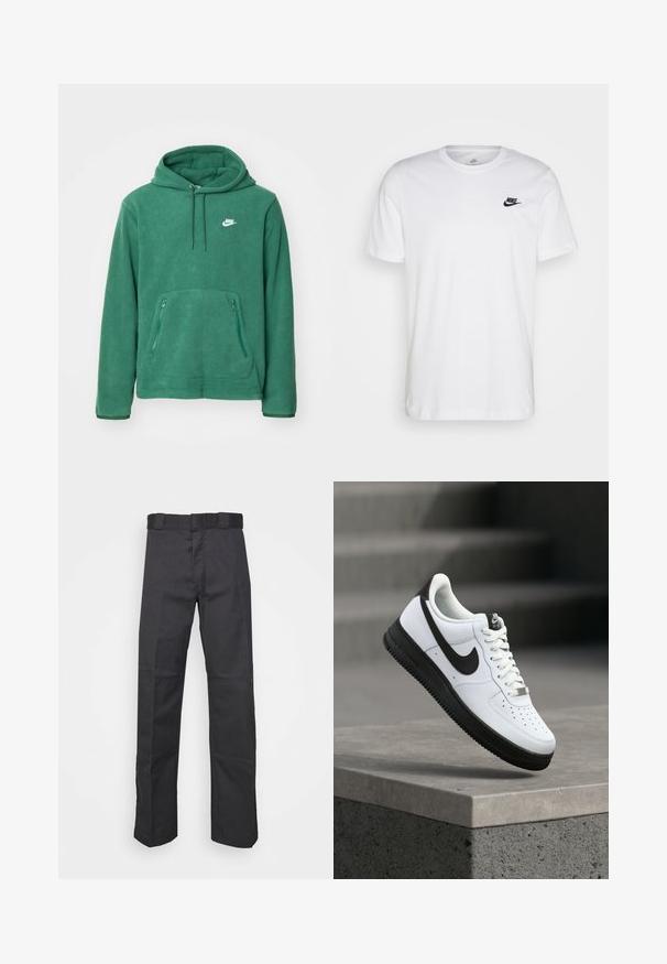 Nike Sportswear CLUB WINTERIZED - Fleecetrøjer - fir/white; Hvid bomulds T-shirt med rund hals, korte ærmer og et sort Nike-logo på venstre bryst. Enkel, ensfarvet design.; Sorte bukser lavet af holdbart stof, med et lige ben-design, en talje med bæltesløjfer og sømme for ekstra struktur.; Hvid lædersneaker med sorte detaljer, rundet tå og perforerede detaljer. Sort gummisål med tekstureret mønster og snørelukning.