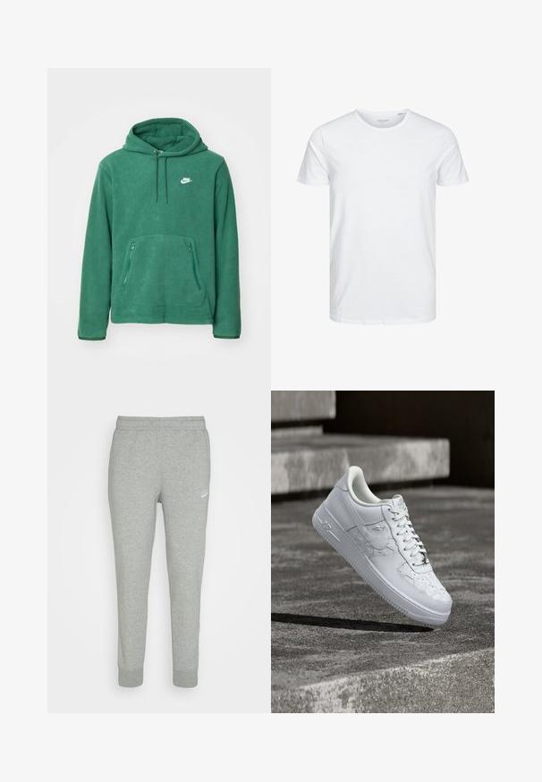 Nike Sportswear CLUB WINTERIZED - Fleecetrøjer - fir/white; Rundhals kortærmet t-shirt i ensfarvet hvid, lavet af blød bomuld, har et simpelt design uden synlige mønstre eller detaljer.; Grå sweatpants lavet af blødt stof, med tapered ben design, elastisk talje og lille hvid Nike-logo på venstre lår.; Hvid Nike Air Force 1 sneaker med prægede stjernemønstre og en metallisk stjerne snørebåndsvedhæng, der svæver over en betongulv.